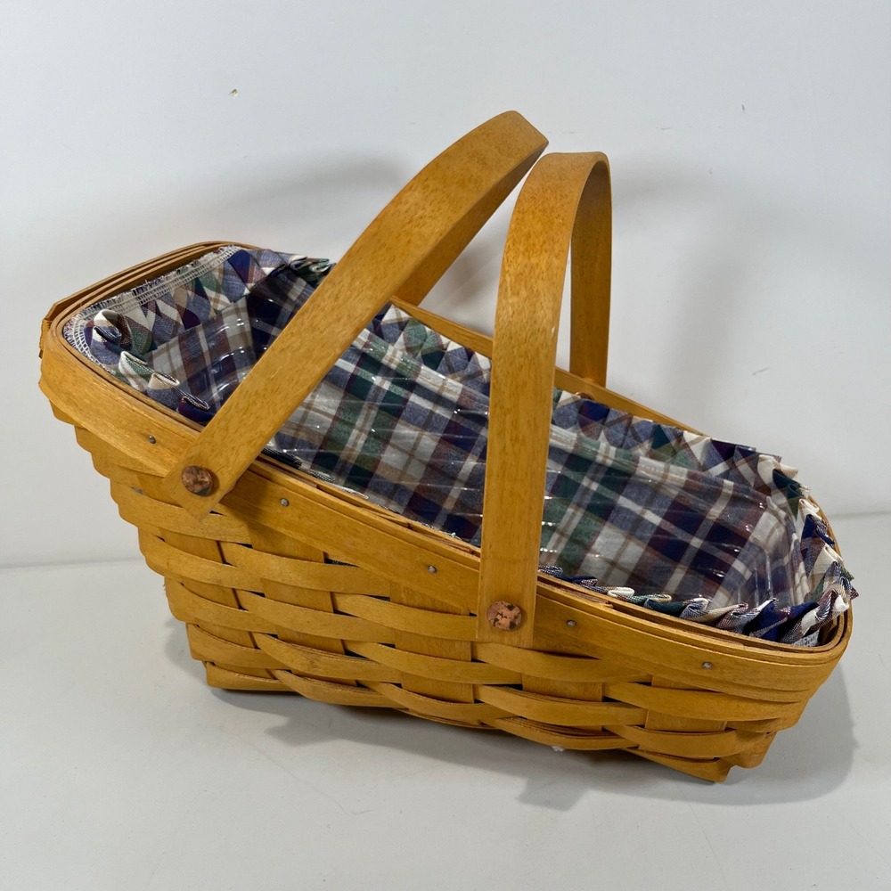 Vtg Longaberger Basket Slanted Veg Woven Wood Plaid Liner Plastic Insert Country